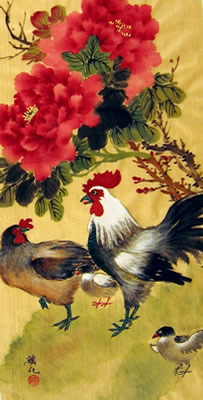 Roosters & Red Peonies