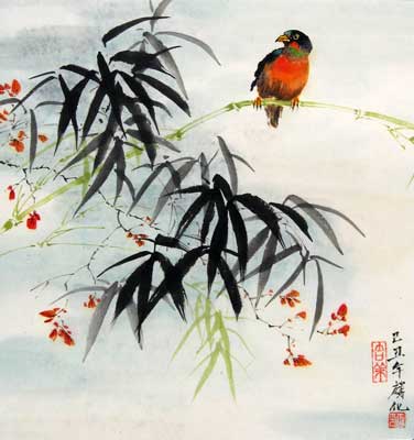 Bird with Bamboo & Cherry Blossoms