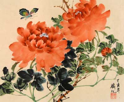 butterfly with Orange Peonies