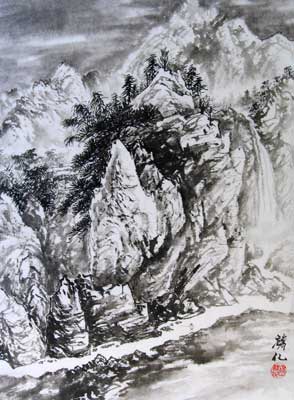 Black & White Landscape with Waterfall