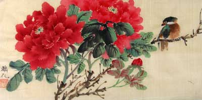 Red Peonies with a bird