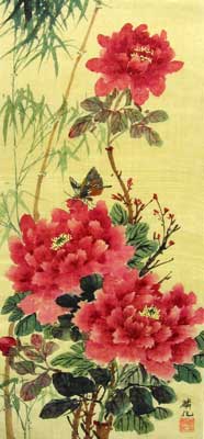 Butterfly with Red Peonies