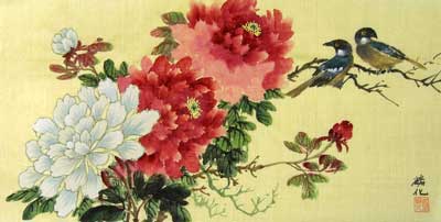 Birds with Red & White Peonies