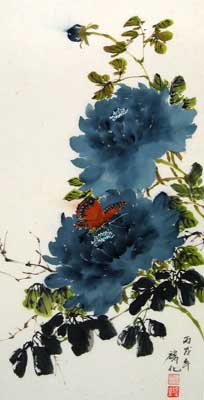 Butterfly with Blue Peonies
