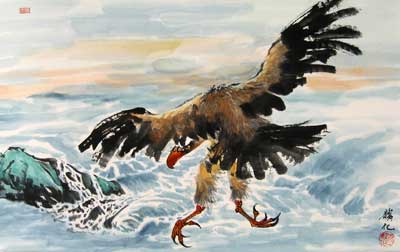 Flying Eagle over Ocean Shore