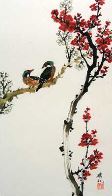 Birds with Cherry & White blossoms