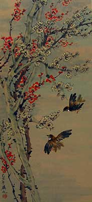 Birds with Cherry & White blossoms