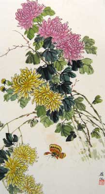 Butterfly with Purple & Yellow Chrysanthemum
