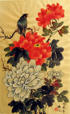 Bird & Orange and Red Peonies