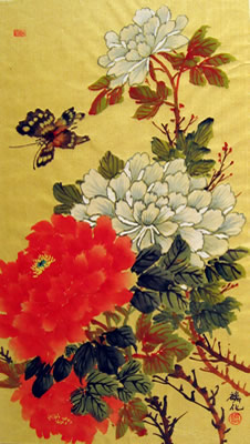 Butterfly & Orange and Red Peonies