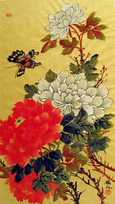 Butterfly & Orange and Red Peonies