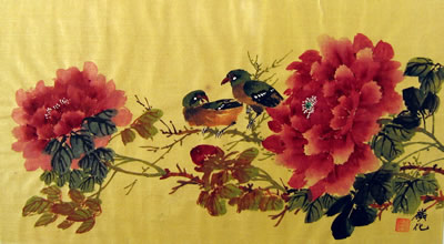 Birds & Red Peonies