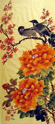 Birds & Orange Peonies & Plum Flowers