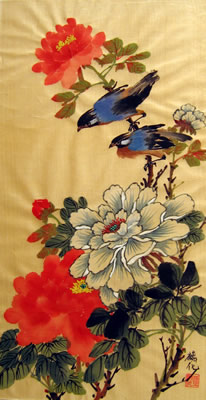 Birds & Red and White Peonies