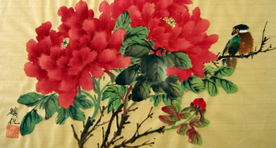 Bird & Red Peonies