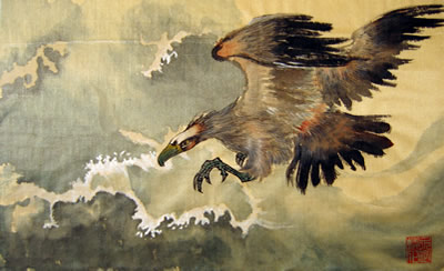 Eagle Flying against the Waves