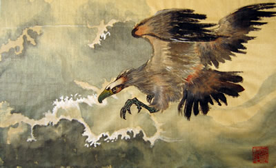 Eagle Flying against the Waves