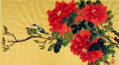 Birds & Red Peonies