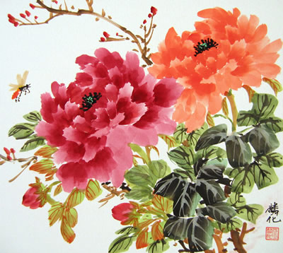 Bee & Red & Orange Peonies