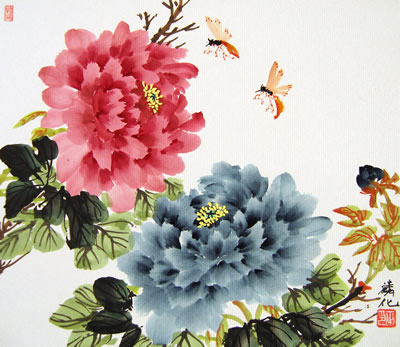 Dragonflies & Red & Blue Peonies