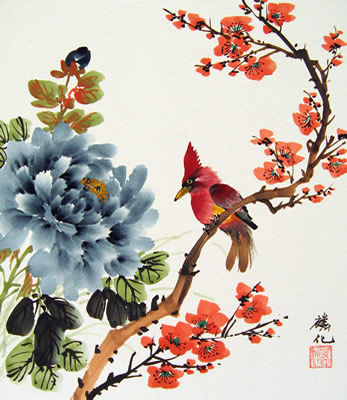 Bird & Plum Flowers & Blue Peonies