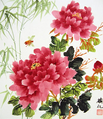 Bee & Red Peonies & Bamboo
