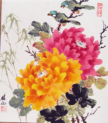 Yellow Peony & Red Peony & Birds