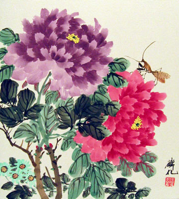 Purple Peony & Red Peony & A Mantis