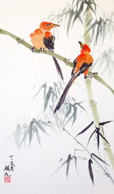 Bird with bamboo
