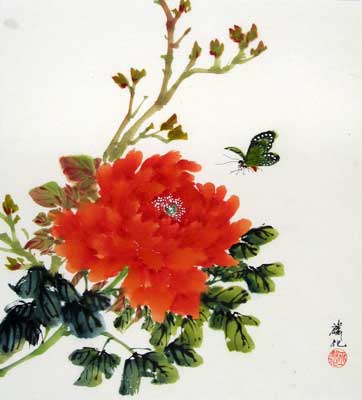 Butterfly & Red Peonies