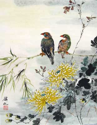 Birds with Yellow Chrysanthemum