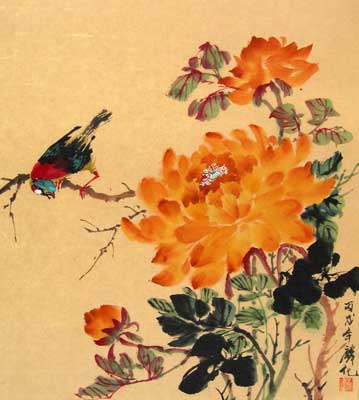 Bird with Orange Peonies