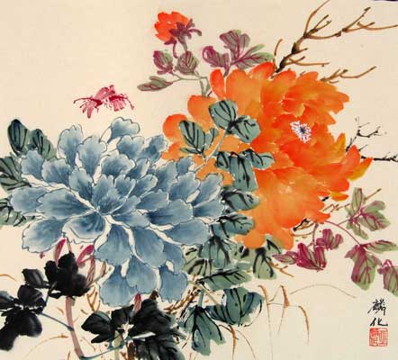 butterfly with Blue & Orange Peonies