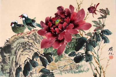 Birds with Purple Peonies