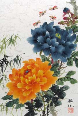 Orange & Blue Peonies with Bamboo