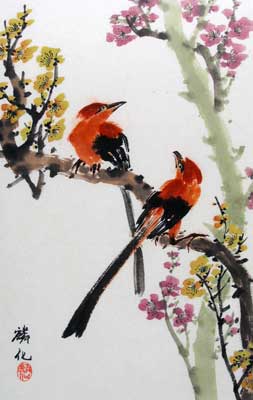Birds with cherry & yellow blossoms