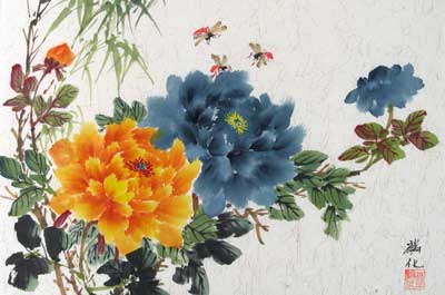 Orange & Blue Peonies with Bamboo