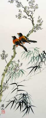 Birds with White blossoms & Bamboo
