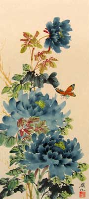 Butterfly with Blue Peonies