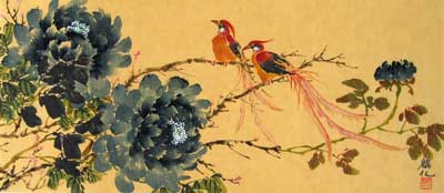 Birds with Blue Peonies