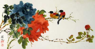 Birds with Red & Blue Peonies