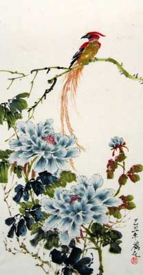 Bird with Blue Peonies