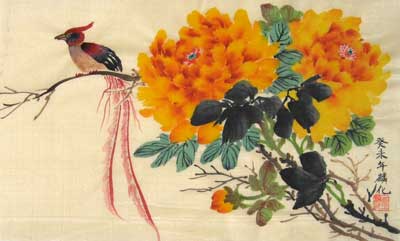 Bird with Orange Peonies