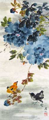 Birds with Blue Peonies