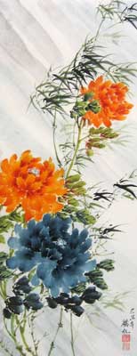 Orange & Blue Peonies wth Bamboo