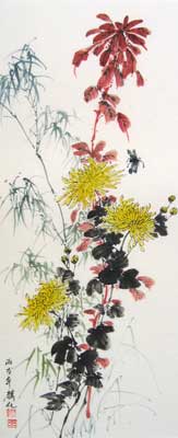 Yellow & Red Chrysanthemum with Bamboo
