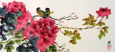 Birds with Red Peonies