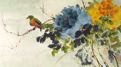 Bird with Orange & Blue Peonies