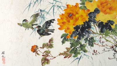 Birds with Orange Peonies