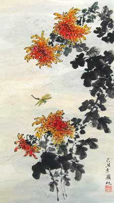 Dragonfly with Orange Chrysanthemum